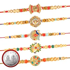 De Marquis Designer Rakhi Combo Set of 5, 1 Pooja Coin, 1 Roli-Chawal Pack, 1 Greeting Card for Brother (5 Different Patterns Rakhis Set)