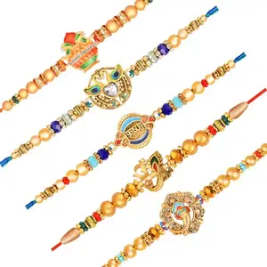 De Marquis 5 Rakhi Set, 1 Roli-Chawal Pack, 1 Greeting Card for Brother/Bhai/Bhaiya/Bhabhi/Kids (HAPPY RAKSHA BANDHAN)