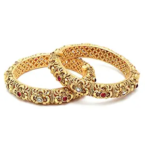 Karatcart Rajwadi Set of 2 Antique Gold Plated Floral Rajwadi Temple Bangles for Women