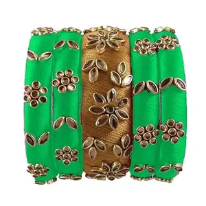 pratthipati's Silk Thread Bangles Stones Chuda Bangle Set (Gold-Lux Green) (Size-2/4)