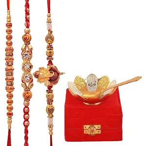 Yalambar Rakhi for Brother | Rakhi Combo | Rakhi Set | Rakhi | Designer Rakhi | Set of 3 Rakhi | Roli Chawal | Blessing Card and | Brass Bowl with Velvet Box Set -yal-02-1200-2