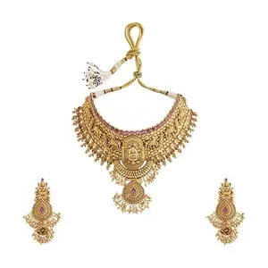Kushal's Fashion Jewellery Ruby Gold Plated Ethnic Antique Necklace Set - 424113