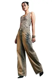 FREAKINS Retro Rustic Wide Leg Jeans (FKEN101569-30, 30, Beige)