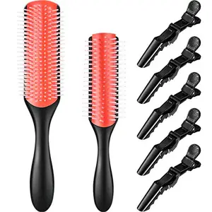 Patelai 7 Pieces Cushion Nylon Bristle Styling Brush Set, 9-Row Curly Hair Detangling Brush, 5-Row Travel Hair Brush and 6 Pieces Hair Clips for Separating, Shaping, Defining Curls, Fixing Hair (Pink)