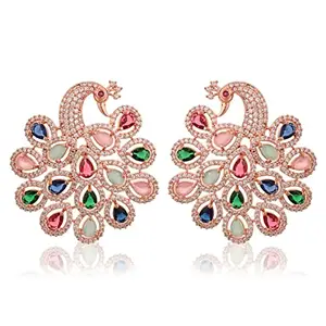 Ratnavali Jewels Earrings American Diamond Rose Gold Plated Stylish Peacock Multi color Stud Earring For Women/Girls