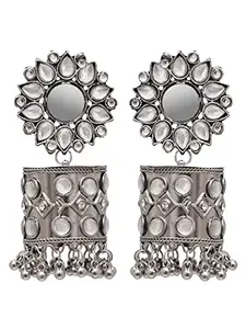 Crunchy Fashion Crystal Studded Oxidized Silver Jhumka Earrings for Women