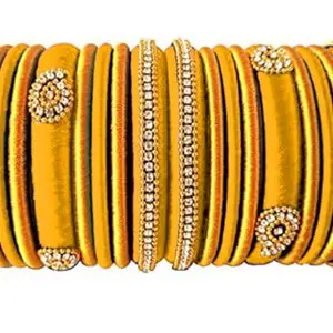 pratthipati's Silk Thread Bangles Plastic Bangle With Gold Set For Women's New Model (Yellow) (Pack of 18) (Size-2/6)
