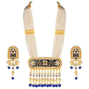 I Jewels 18K Gold Plated Traditional Pearl Beaded Multi Strand Meena Work Long Necklace Jewellery Set & Earrings Set For Women (ML181Bl)