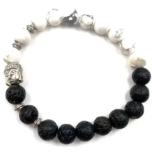 RRJEWELZ Unisex Bracelet 8mm Natural Gemstone Volcanic Lava & Howlite Round shape Smooth cut beads 7 inch stretchable bracelet for men & women. | STBR_01972
