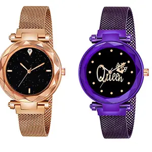 Red Robin Analogue New Unique Designer Black Dial Rose Gold & Purple Magnet Strap Wrist Watch - for Women & Girls