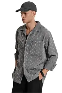 SNITCH Grey Cuban Collared Full Sleeve Straight Hem Front Pocket Light Weight Machine Wash Textured Relaxed Fit Overshirt