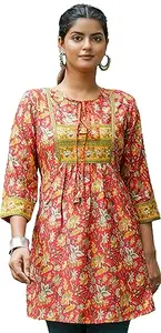 Yash Gallery Women's Rayon Floral Placement Printed Short Kurta for Women (1557YKRED, Red, S)