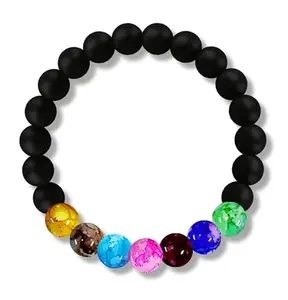 Bigwheels Valentine's Day Black Matty 8mm Pearl/Beads 7 Multicolor Natural Feng-Shui Healing Howlite Crystal Gem Marble Stone Love Couples Promise Wrist Band Cuff Elastic Field Bracelets