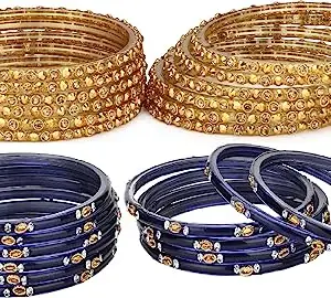 Somil Combo Of Party & Wedding Colorful Glass Bangle/Kada, Pack Of 24, golden,blue