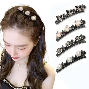 cartxomy Braided Hair Clips, 4 Pack Pearl Hair Clip for Girls, Fashion Hair Style Accessories for Women, Butterfly Braid Duckbill Clips with 3 Small Clips, Stylish Styling Hairpins Barrettes