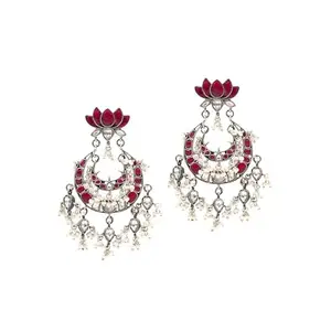 Sangeeta Boochra 925 Silver Pink Lotus Shape Kundan Studded Handcrafted Earring