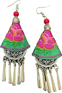 Digital Dress Room Digital Ethnic Silver Plated Oxidised Metal Alloy Hook Earrings Traditional lightweight Multicolored Embroidered Floral & beads Dangler Earrings Stylish Fancy Jewellery For Women and Girl