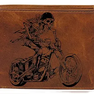 Karmanah Ghost Rider Bike Lover Engraved Genuine Leather Wallet, Brown (Speed Demon)