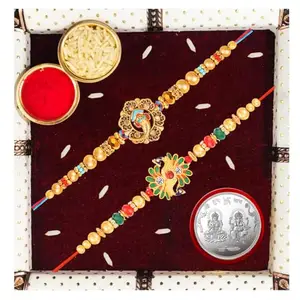 De Marquis Send Rakhi Set for Brother | 2 Rakhi + 1 Coin | Roli-Chawal Pack | Greeting Card | Rakhee Gift | Rakshasutra | Happy Rakshabandhan
