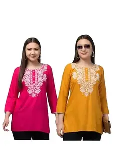 LIBA CREATIONS Rayon Short Kurta for Women | Lakhnavi Chikankari Embroidered Ladies Kurti, Stylish Girls Top, Ethnic Half Kurtas.