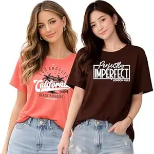 London Hills Women’s Loose Fit Printed Cotton T-Shirt Pack of 2 | Casual Round Neck Half Sleeve Graphic Tee | Breathable Summer Top for College, Travel & Outing