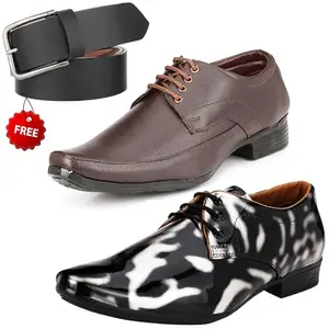 Graceful Trendy Formal Shoes/Party Shoes/ 2 Shoes Combo with Free Belt for Men and Boys (BAZAAR9559_VTR01-Blk-Slvr005-Bdr-Brwn-1-Blk) Multicolor