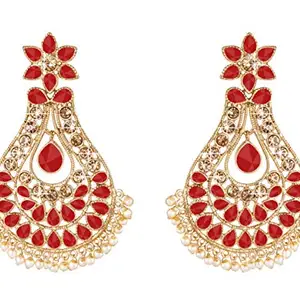 JFL - Jewellery for Less Gold Tone Floral Cz LCD Diamond and Polki Stone Studded Drop Pearl Dangler Earrings for Women and Girls (Red),Valentine