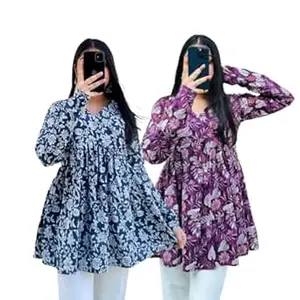 ATTNICO Women’s Rayon Floral Printed Short Kurti Combo (Pack of 2) – V-Neck, Full Sleeve Gather Tops for Casual & Office Wear