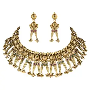 I Jewels Womens Rajwadi Gold Plated Traditional Choker Brass Jewellery Set With Earrings Intricately Engraved With Bride & Groom Figurines (MC051)