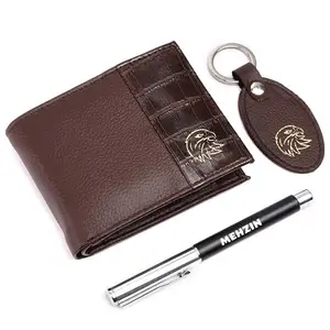 MEHZIN Men Formal Brown Artificial Leather Wallet,Key Ring & Pen 3Pcs Combo Gift Set (5 Card Slots) Style-178