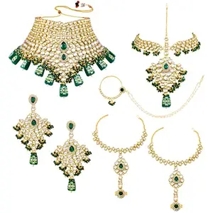 Peora Gold Plated Green Kundan Studded Choker Necklace Earrings Maang Tikka Haathphool Nathiya Bridal Jewellery Set for Women & Girls