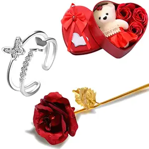 Fashion Frill Valentine Gift For Girlfriend Butterfly Ring For Women Girls 24K Gold Rose With Heart Box With Teddy Love Gifts