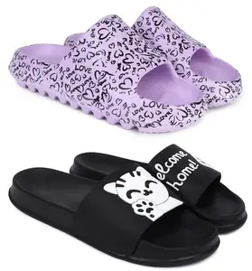 Pampy Angel Combo Pack of 2 Slipper/Flip Flops/Slides for Women,(YW-Love-Purple,Welcome-Black),40 (Euro)