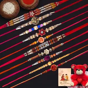 DIKANG Rakhi for Brother Combo Pack of 10 with Mini Teddy Bear Soft Toy | Premium Rakhi Set for Bhai with Roli Chawal Tilak Set DKR1001