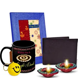 Alwaysgift Happy Diwali 2 Diyas, Wallet, Smiley Keychain, Quotation Photo Frame & Mug Hamper