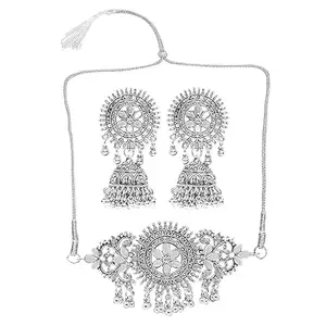 Oxidized Choker Necklace Set with Jhumka for Women and Girls – Traditional Jewelry Set (Grey)