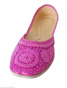 Handmade Indian Women's Casual Leather Jutties, Embellished Loafer Flats, 1.5-9.5 Sizes (Pink, UK Footwear Size System, Adult, Women, Numeric, Medium, 7.5)