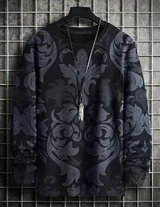 LEWEL Men's Stylish Floral Print Round Neck Tshirt(Black, Large)