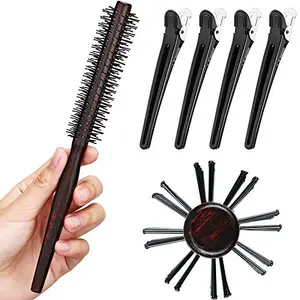 Patelai 1 Inch Small Round Brush for Short Hair, Styling Hair Brush for Pixie, Quiff Roller Nylon Bristle with 4 Pieces Hair Clips for Bangs, Thin Hair, Fine Hair, Curling