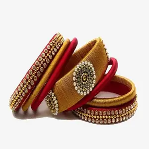 HARSHAS INDIA CRAFT Silk Thread Bangles With Kundan Stones Chuda Bangle Set For Womnes and girls (Red-Gold-1) (Size-2/8)