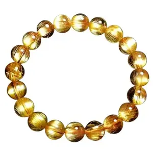 RRJEWELZ Unisex Bracelet 10mm Natural Gemstone Golden Rutilated Quartz Round shape Smooth cut beads 7 inch stretchable bracelet for men & women. | STBR_03471