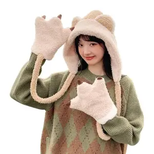Fashion Nature™ Winter Cap Neck Scarf with Claw Gloves Set Fuzzy Hooded Woolen Beanie Hat for Women/Girl's