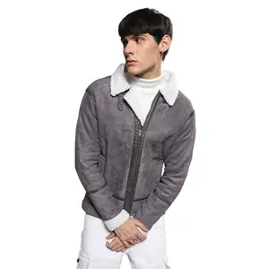 Campus Sutra Men's Moon Grey & Chalk White Fleece Lined Biker Jacket For Casual Wear | Spread Collar | Long Sleeve | Zipper Closure | Jacket Crafted With Comfort Fit For Everyday Wear