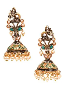 Karatcart Gold Plated Green Stone Studded Peacock Shape Jhumki Earrings for Women