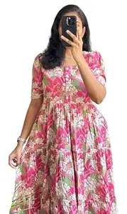 Women Floral Printed Rayon Midi Dress | Casual A-Line Fit & Flare Dress One PIece | Short Sleeve Round Neck | Summer Pink Color
