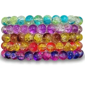 Glass Beads Bracelet for Women & Girls | Multicolour Crackle Shade Beaded Stretchable Bracelet Set (Multicolor 1)