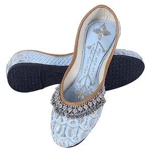 DFR Women Comfortable Cushioned Traditional Ethnic Rajasthani Embroidered with Payal Punjabi Style Mojari Jutti Fancy Bellies Shoe Woman Sky Blue3, UK Size 6.5