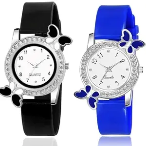 YES Enterprise Color PU Band Analog White Dial Diamond Studded Watch for Girls Combo Pack of 2 (Black-Blue)