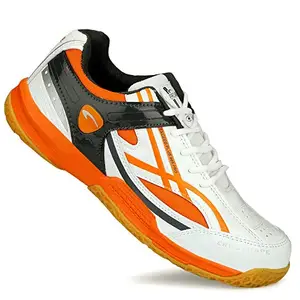 ASE Men's Pro Non-Marking Sole/tru Cushion Shoes Ideal for Badminton, Squash, Table Tennis, Volleyball (White & Orange, Shape_5)