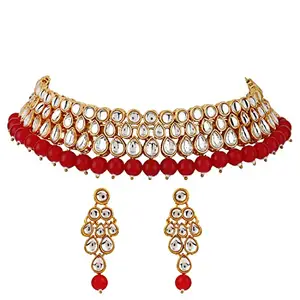 Shining Diva Fashion Latest Stylish Fancy Choker Traditional Kundan Necklace Jewellery Set for Women (12704s), Red
